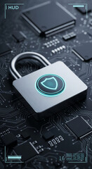 Poster - Metal padlock on circuit board, glowing shield symbol, depicting digital security and data protection, suitable for tech or cybersecurity concepts