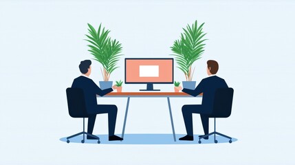 Poster - Two Business Professionals Working Together at a Modern Office Desk with Computer and Indoor Plants