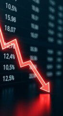 Poster - red neon arrow pointing down against a dark background with blurred financial data, symbolizing mark