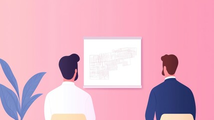 Poster - Two Men Observing a Large Abstract Map Display in a Modern Workspace Setting with Soft Pink Background
