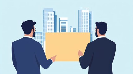 Poster - Two Businessmen Holding Blank Sign with City Skyline Background in Corporate Environment
