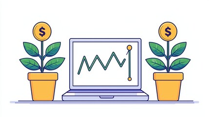 Poster - Financial Growth Concept with Laptop Featuring Charts and Dollar Sign Plants in Modern Style