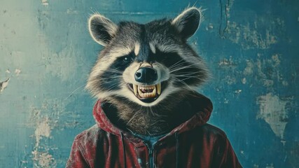 Poster - A raccoon wearing a bright red jacket, its mouth open in surprise or excitement