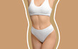 © New Africa - Slim woman showing her perfect body on pale brown background, closeup. Outline of previous overweight figure around. Healthy lifestyle