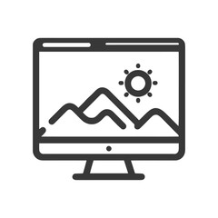 Poster - Minimalist Computer Displaying Mountain Landscape and Sun Icon