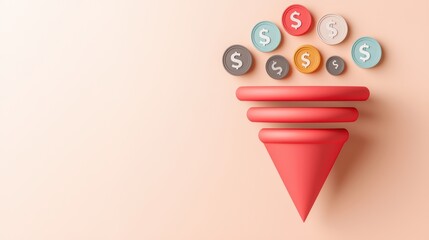 Poster - Creative funnel graphic with money coins on pink background for financial growth and marketing concepts