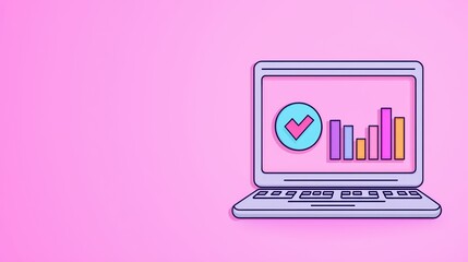 Poster - Laptop Displaying Colorful Graphs and Checkmark on Pink Background for Data Analysis and Business Growth Concepts