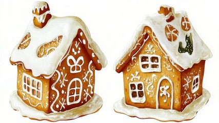 Aufkleber - Two festive gingerbread houses sit together, perfect for holiday decorations or illustrations
