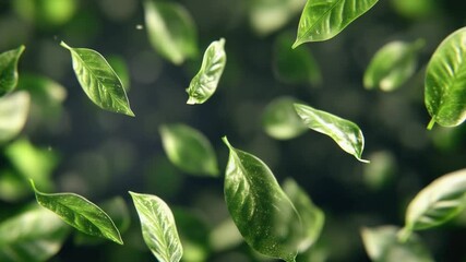 Poster - A bunch of green leaves flying through the air, great for illustrating wind, weather, or natural phenomena