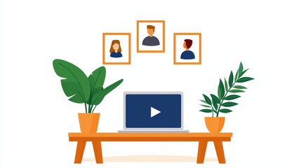 Poster - Cozy Home Office with Laptop and Indoor Plants Decorated with Person Portraits on Wall