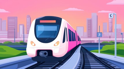 Poster - Modern Train Approaching City Skyline at Sunset with Vibrant Colors and Dynamic Composition in an Urban Setting