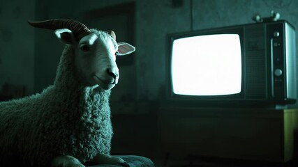Poster - A sheep sitting in front of a TV, great for agricultural or rural themed designs