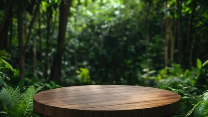 Poster - A wooden table surrounded by trees and foliage in a serene forest environment