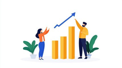 Poster - Business Growth Concept with Two People Celebrating Rising Graph with Plants in Modern Flat Design Style