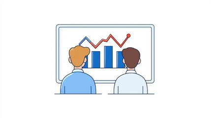 Poster - Two Business Professionals Analyzing Data Trends on a Screen with Bar Graphs and Line Charts in a Minimalist Workspace