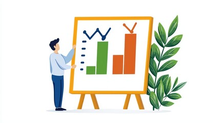 Poster - Person Presenting Growth Chart on Board with Green and Orange Bars Surrounded by Leaves and Plant for Business Presentation