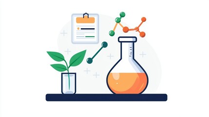 Poster - Laboratory Experiment with Plant, Beaker, Molecule Structures, and Research Document in Clean Modern Design Style