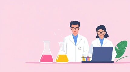 Poster - Male and Female Scientists Conducting Research in Laboratory with Equipment and Computer on Pink Background