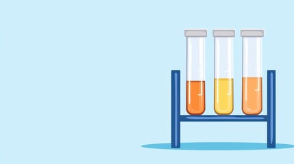 Poster - Colorful Laboratory Test Tubes in Stand with Transparent Liquids on Light Blue Background