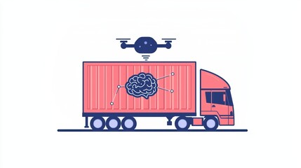 Poster - Delivery Truck with Drone and Brain Graphic Representing Smart Logistics and Innovative Transport Solutions