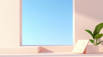 Poster - Modern Minimalist Interior with Large Window and Fresh Green Plant under Clear Blue Sky