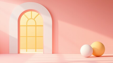 Poster - Minimalist interior design with pastel colored wall, arched window, and geometric shapes for modern aesthetic