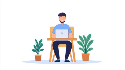 Poster - Young man working on laptop at home office with plants, smiling and enjoying remote work environment
