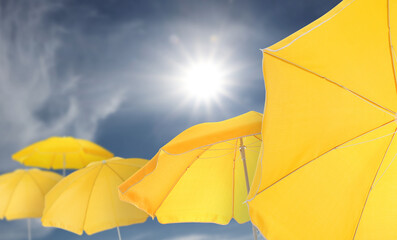 Wall Mural - yellow beach umbrellas against blue sky on sunny day