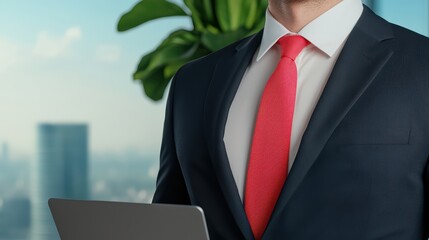 Poster - Business Professional in Suit and Red Tie Holding Laptop in Modern Office Environment with Green Plant
