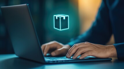 Poster - Hands Typing on Laptop with Digital Box Icon Illustrating E-commerce and Online Shopping Concept in a Modern Setting