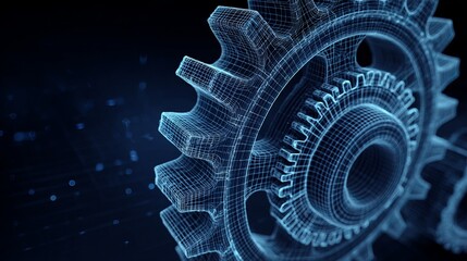 Poster - Abstract Blue Digital Gear Mesh Technology Background Modern Wireframe Engineering Design Futuristic Innovation Industrial Machine Part Detailed 3D Render Cogs Grid Gears Image    