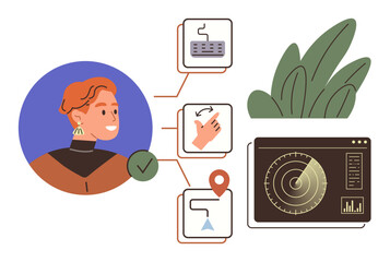 Poster - Person with connected task icons displaying pin, device, and gesture inputs. Radar screen with graphical data, green plant enhancing setting. Ideal for technology, workflow, analytics, planning