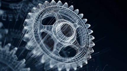 Poster - Abstract Wireframe Gear Technology Digital Design Engineering Mechanical Innovation Futuristic Background Industrial Network System White Lines Dark Blue Background Modern 3D Model