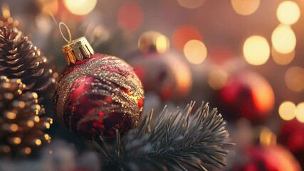 Poster - A detailed view of a Christmas ornament hanging from a tree branch, ideal for holiday greetings and winter celebrations