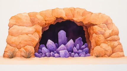 Poster - Vibrant Crystal Cave with Purple Gemstones Inside Natural Rock Formation in Artistic Style
