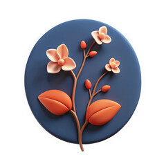 Leinwandbilder - Stylized 3d orchid blossom with leaves and buds on a blue circular background isolated on transparent background