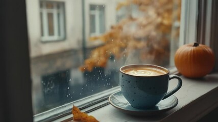 Poster - A cup of coffee sits on a window sill, ready for enjoyment