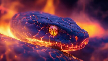 Poster - Close-up shot of a snake's head with flames in the background, ideal for use in fantasy or sci-fi designs