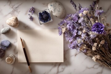 Poster - Elegant floral arrangement of purple and lavender dried flowers with smooth stones and blank paper on marble surface for creative inspiration