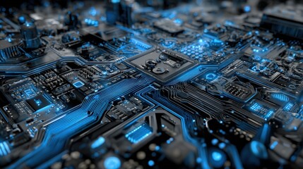 Poster - Close-up of a futuristic electronic circuit board with glowing blue technological components and intricate microchip connections