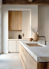 Poster - Modern minimalist kitchen interior with wooden accents and neutral color palette featu island countertop and decorative vases