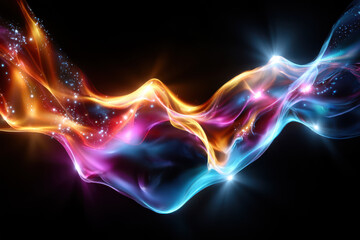 Poster - Colorful abstract wave of light with glowing particles and fluid movement in black background