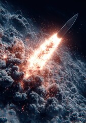 Aufkleber - High-Speed Rocket Launch Into Space From Cloudy Atmosphere Du Night With Bright Flames and Smoke Plume Explosion