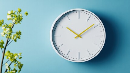 Poster - Modern round wall clock with sleek white face and yellow hands mounted on a light blue wall with green plant in background for home decor