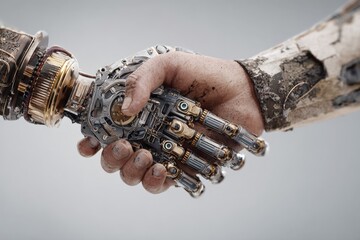 Leinwandbilder - Close-up of a human hand and a robotic hand clasping each other symbolizing human-robot collaboration and the future of technology interaction