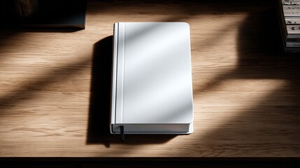 Poster - Minimalist White Notebook with Silver Spine on Wooden Desk with Shadow and Soft Lighting for Office or Study Workspace Decor