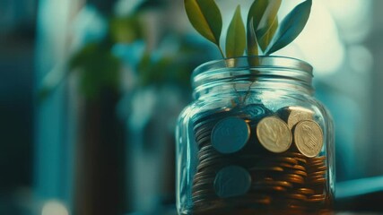Poster - A glass jar filled with coins and a small plant growing out of it