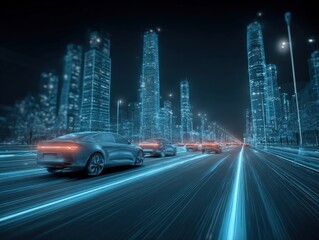 Poster - Futuristic city street with illuminated skyscrapers and moving cars at night creating a vibrant urban atmosphere with neon light trails