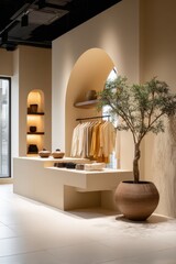 Poster - Modern minimalist clothing boutique interior with neutral tones stylish display shelves potted tree and contemporary decor design