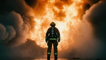 Poster - A firefighter stands in front of a massive fire, ready to take action